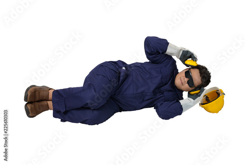 worker in Mechanic Jumpsuit had an accident at work isolated on white background