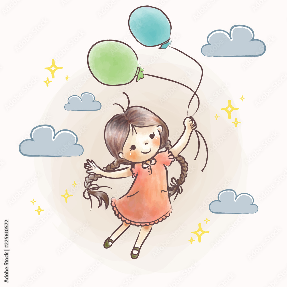 Little Girl Flying Holding Balloon Stock Vector | Adobe Stock