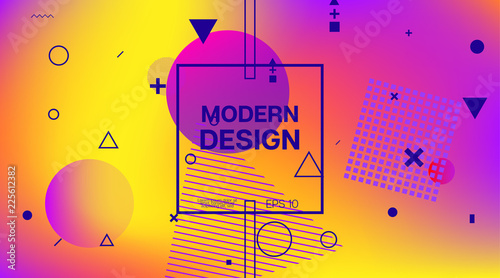 Memphis Minimal Cover Horizontal Vector Template. Neon Gradient Overlay, Small Space Particles Background. Geometric Memphis Design Elements, Horizontal Music Poster. Vintage Elemets Business Design.