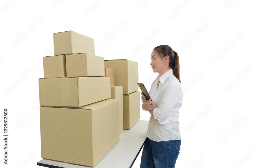 Young business woman, entrepreneur holding a clipboard, check the product, smile and laugh happily at work. Young business woman, entrepreneur holding a clipboard, check the product, smile and laugh happily at work.