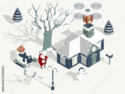 illustration vector of santa claus using drone to drop gift box to child's house, design concept of santa claus drone delivery