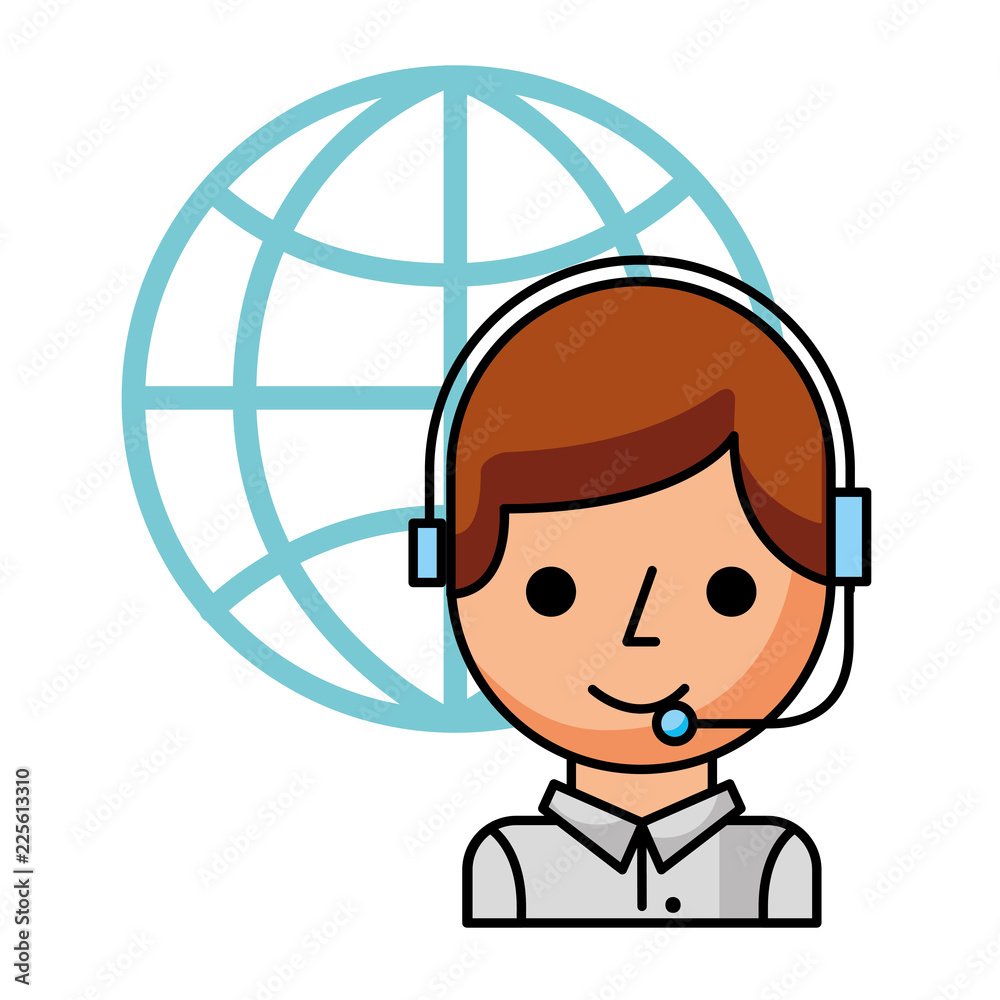 call center boy with headset and world call center boy with headset and world