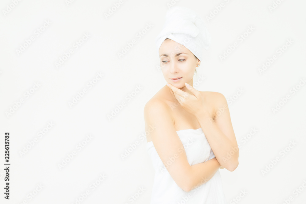 Skin Care Advertising Model.Beautiful Spa Woman with perfect skin showing empty copy space Skin Care Advertising Model.Beautiful Spa Woman with perfect skin showing empty copy space