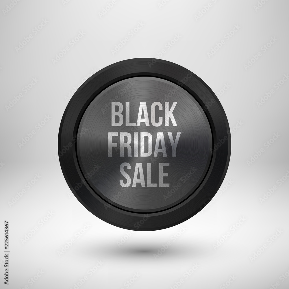 Black friday sale badge, abstract technology circle perforated button with metal texture, chrome, silver, steel and realistic shadow for logo, design concepts, interfaces, apps. Vector illustration.