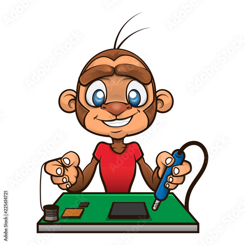 Mascot Design - Technician Monkey repair a electronics hardware with steam solder Cartoon Vector