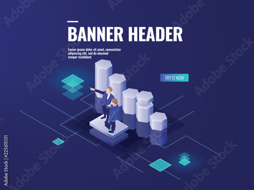 Data analysis and business statistic icon isometric, teamwork, two businessmen stay on the platform, data