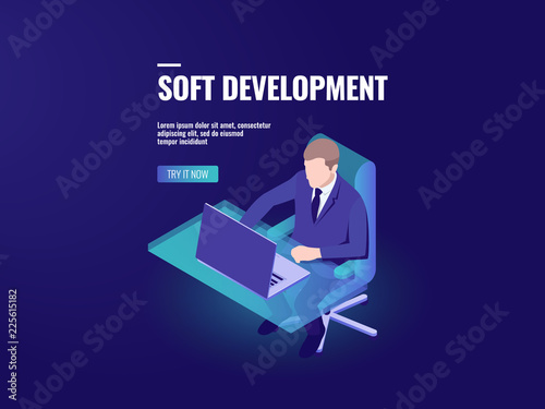 Programmer development a software, programming isometric, business analytics and data processing, hr manager