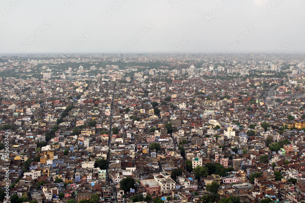 The scenery of Jaipur city as seen from Nahargarh Fort on the hill.