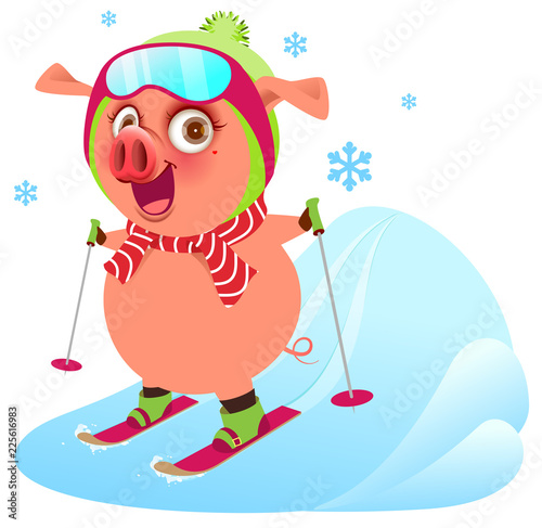 Pink funny merry pig symbol 2019 year skiing ski