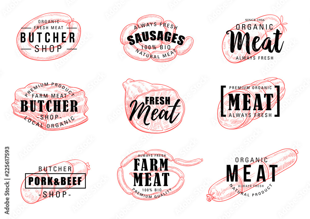 Butchery or meat shop icons silhouettes with signs