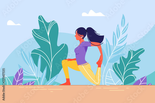 Young woman in training stretching.