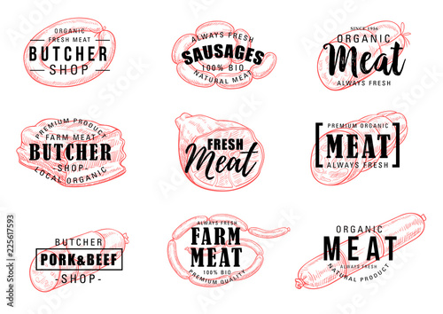 Butchery or meat shop icons silhouettes with signs