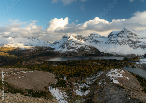 A panorama of some fall colors in the Canadian Rockies below epic snow covered peaks 