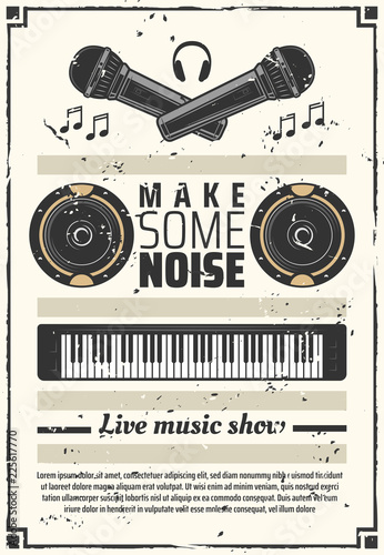 Music show retro poster synthesizer and headphones