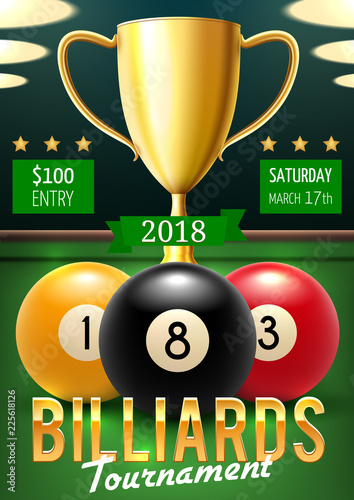 Billiards tournament poster with gold trophy cup