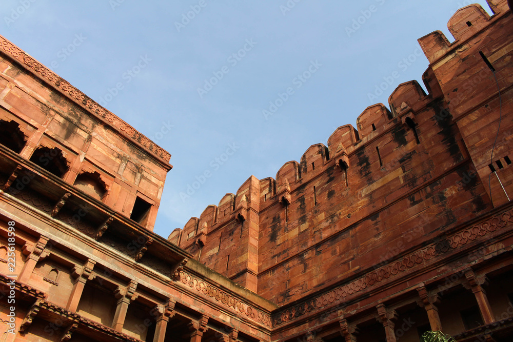 The magnificent detail of architecture inside the complex of Agra Fort.