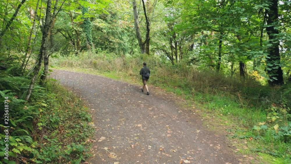 Following Man hiking along path in Forest Park Woods in Portland Oregon follow shot using gimbal drone during the day surrounded by green foliage Following Man hiking along path in Forest Park Woods in Portland Oregon follow shot using gimbal drone during the day surrounded by green foliage