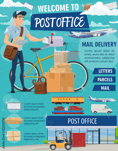Post office poster with mailman delivering letters