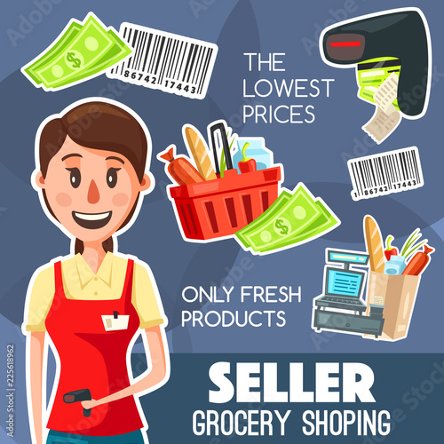 Seller profession or work, grocery shopping poster
