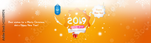 Happy new year 2019 Winter Sale 25% off. Long greeting card template with gift box and snowdrifts on blue background with special offer. Creative banner with ribbons and light effects. Flat vector