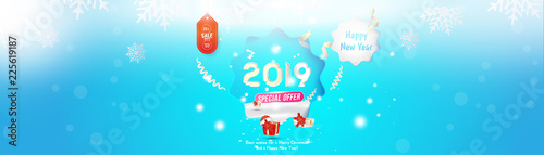 Happy new year 2019 Winter Sale 25% off. Long greeting card template with gift box and snowdrifts on blue background with special offer. Creative banner with ribbons and light effects. Flat vector