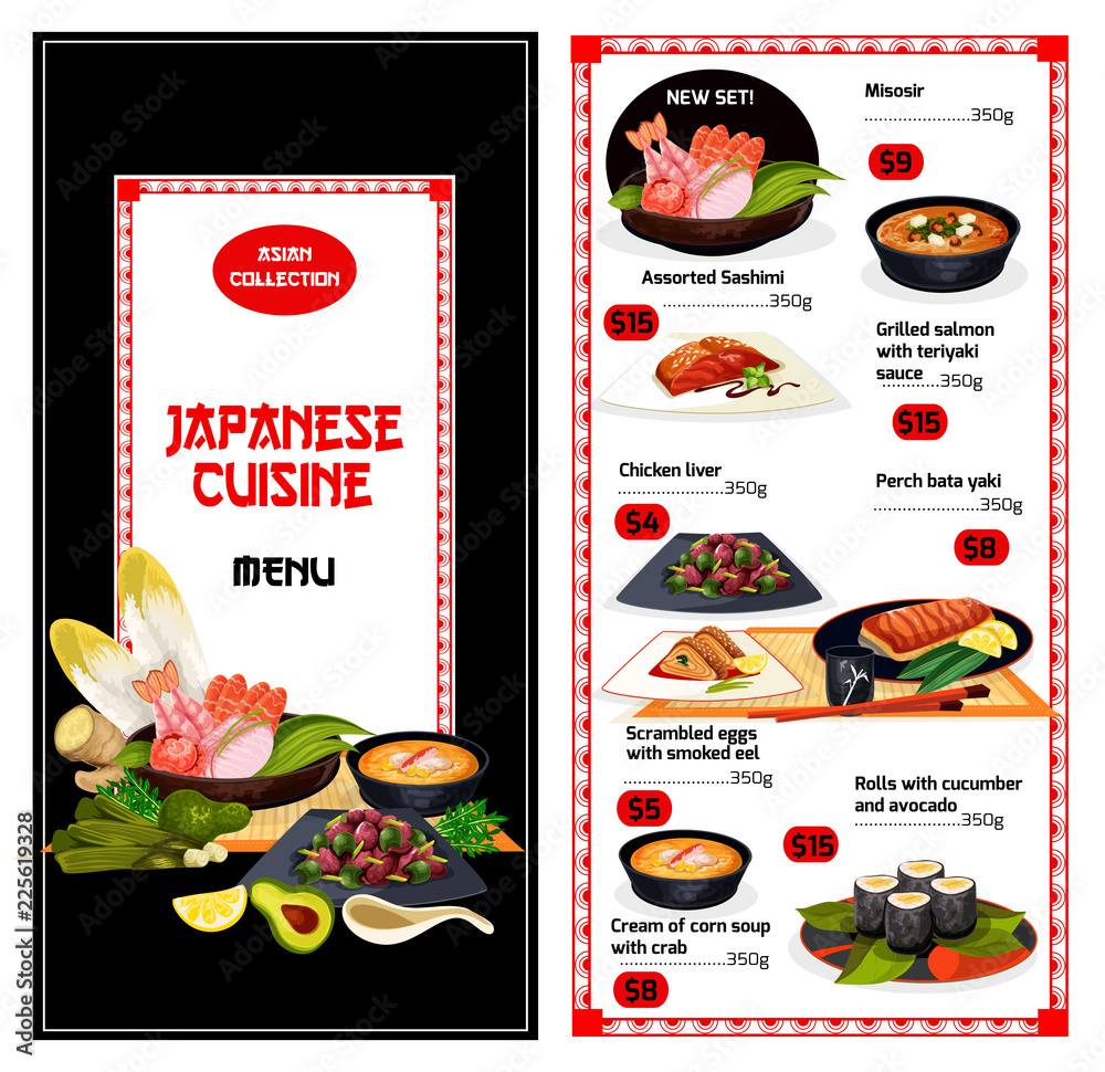 Japanese cuisine menu template with exotic food