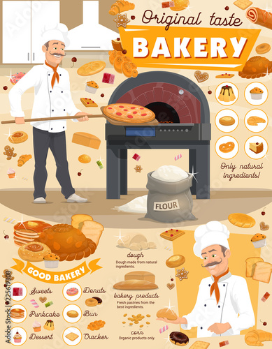 Bakery poster with baker near stove cooking pizza