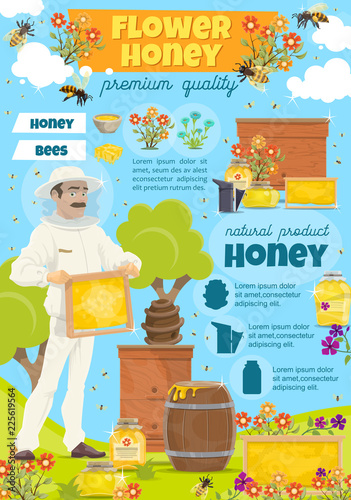 Flower honey in jars and barrels at apairy poster photo