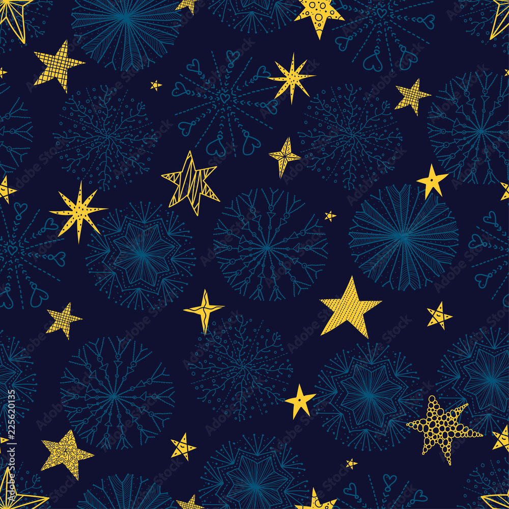 Cute winter seamless pattern with decorative snowflakes and stars. Cute winter seamless pattern with decorative snowflakes and stars.