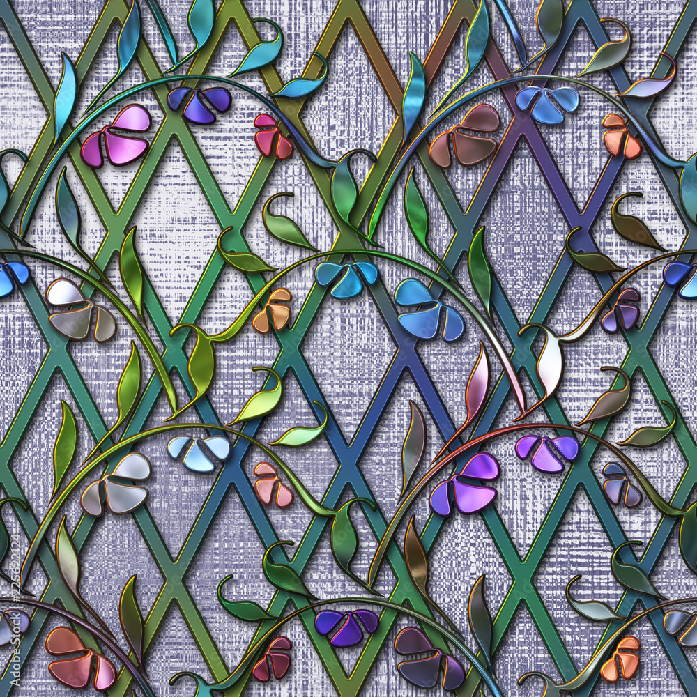 Seamless texture with flowers pattern, stained glass effect, glass
