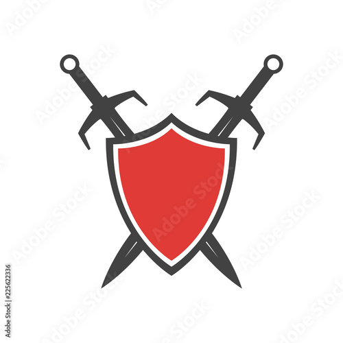 Abstract vector icon. Red and black shield and sword logo template.