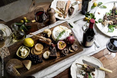 Rustic style dinner with cheese platter