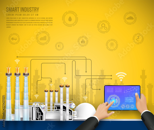 Move to factory and industry in the future. People connecting with a factory using smartphone and exchanging data with a neural network. Smart industry 4.0 infographic. Artificial intelligence.