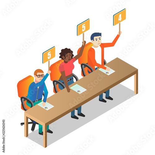 Jury judges holding scorecards vector isometric illustration