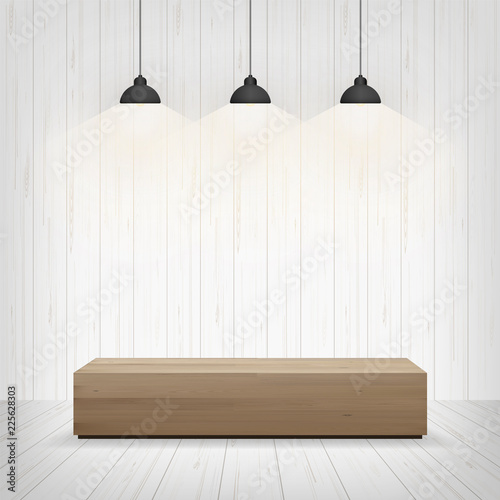 Wood bench in white room space background. Vector.