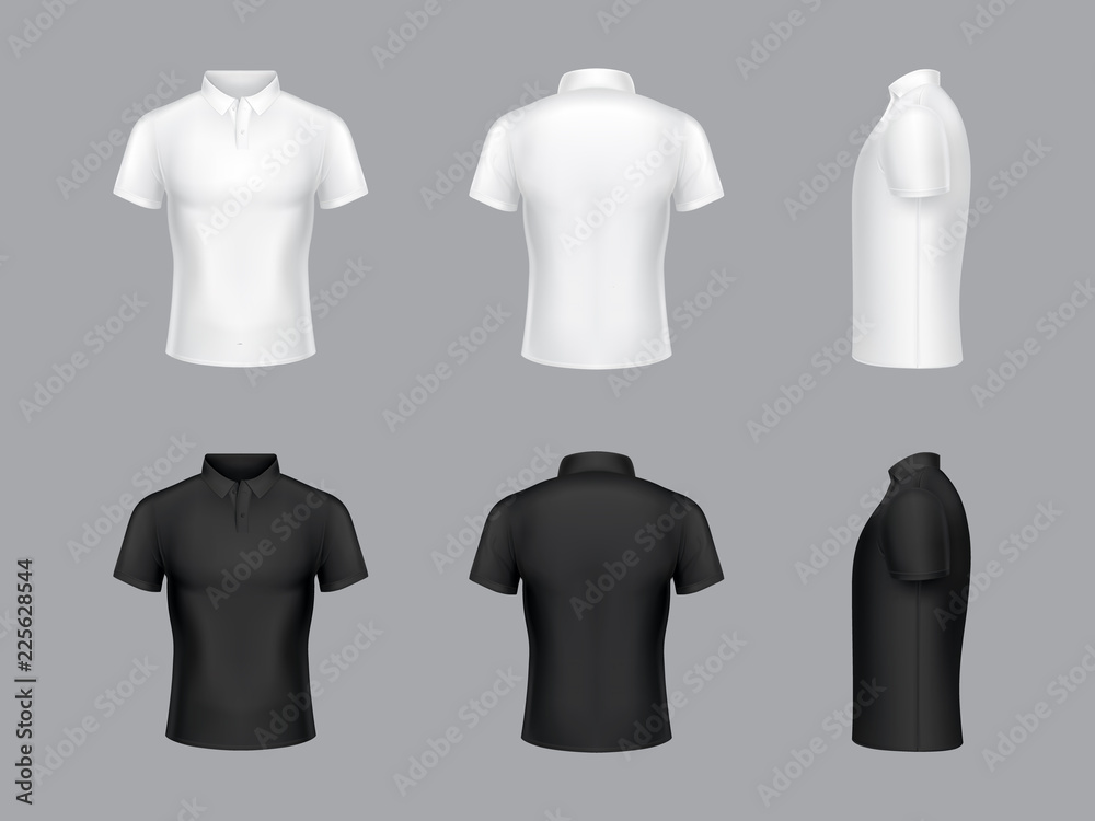 Vector collection of 3d realistic white and black polo t-shirts. Short  sleeves, fashion design. Clothes in different views - side, back and front.  Man classic clothing isolated on grey background. Stock Vector