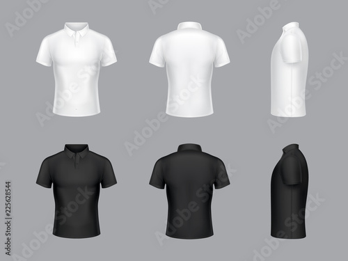 Vector collection of 3d realistic white and black polo t-shirts. Short sleeves, fashion design. Clothes in different views - side, back and front. Man classic clothing isolated on grey background.