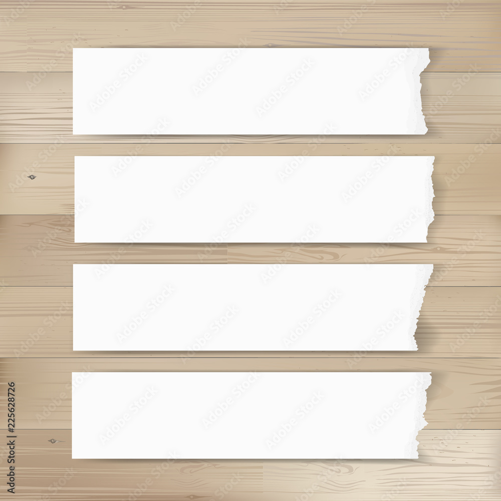 Ripped paper tag background on wood texture. Vector.