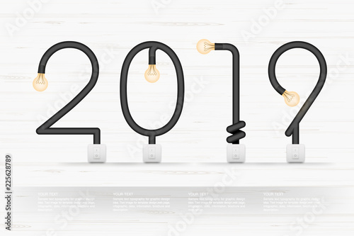 2018 Year - Abstract light bulb and light switch on wood background. Vector.