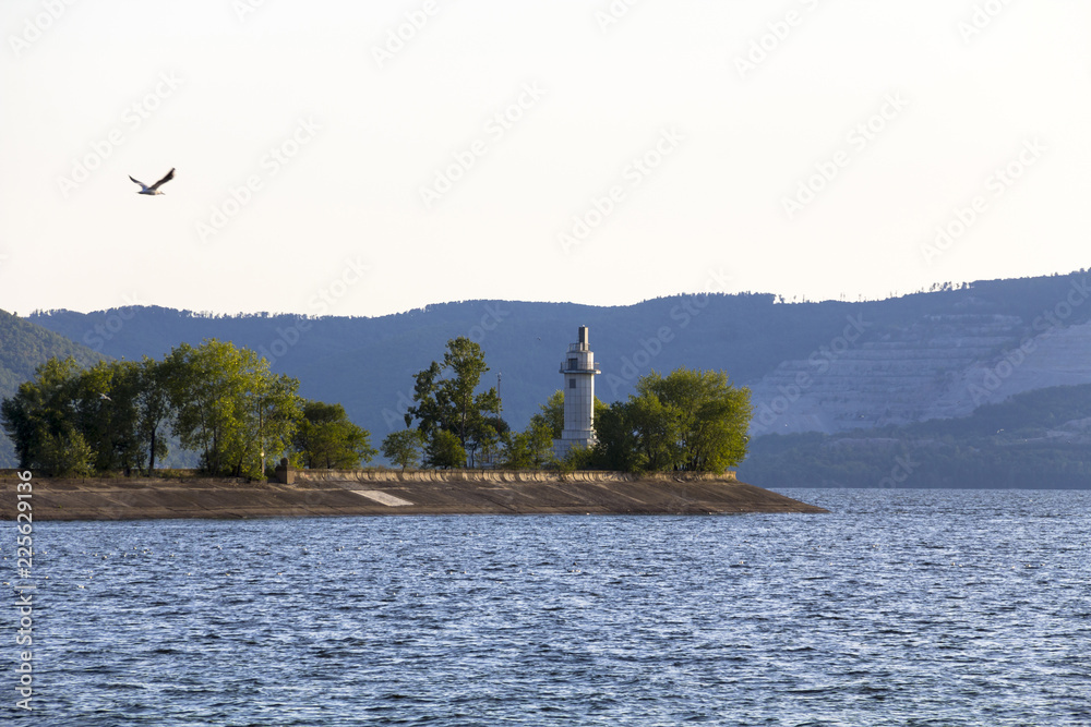 Volga river near the river station Togliatti, lighthouse