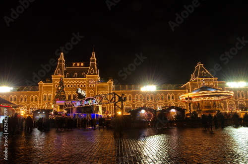 Moscow, Russia - January 10, 2018: GUM-fair on Red square. Gum Building with evening illumination 
