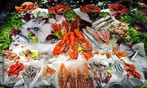 Seafood buffet of fish, lobsters and prawns on ice, displayed in restaurant.