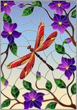 Illustration in stained glass style with bright red  dragonfly against the sky, foliage and purple flowers