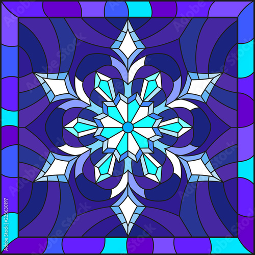 Illustration in stained glass style with snowflake in blue colors in a frame 