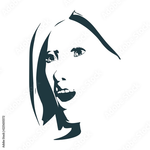 Face side view. Elegant silhouette of a female head. Surprised beautiful woman with open mouth.