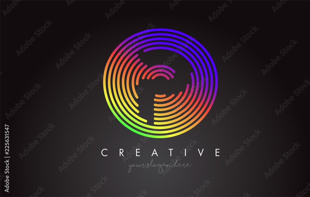 Plakat P Letter Logo Design with Colorful Rainbow Circular Shapes. Vibrant Letter Logo.