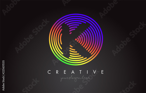 K Letter Logo Design with Colorful Rainbow Circular Shapes. Vibrant Letter Logo.