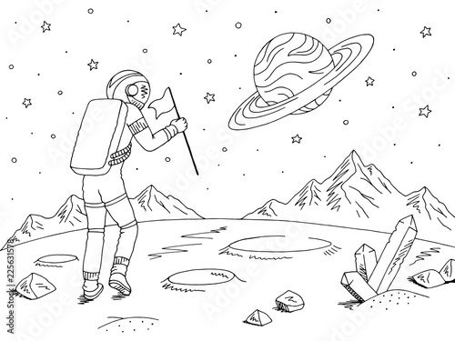 Spaceman astronaut walking with flag. Alien planet graphic black white space landscape sketch illustration vector