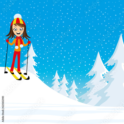 Cheerful skier in the winter snowy forest.