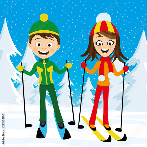 Cheerful skiers in the winter snowy forest.
